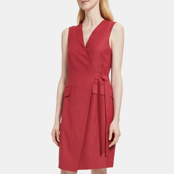 Theory Sleeveless Wrap Dress in Wool Flannel Pink Ruby Melange Sleek 2 - Picture 1 of 4